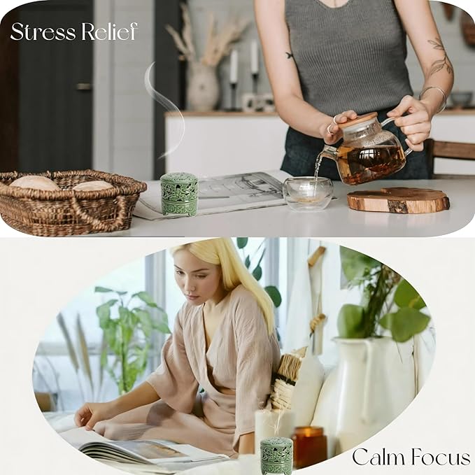 Incense Burner with Lid, Ceramic Incense Holder for Stick Cones & Coils Incense with Burn Cotton for Home, Office, Yoga, Green Lotus