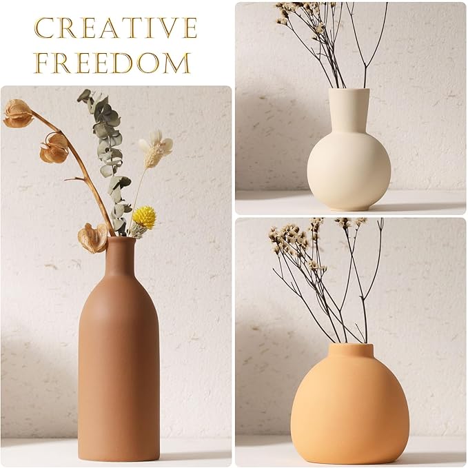 Ceramic Vase Set of 3 - Handcrafted Ceramic Vases for Home Decor & Shelf - Modern Farmhouse Decor for Kitchen, Office, Bedroom & Living Room Decorative Objects for Mantel, Table Centerpieces