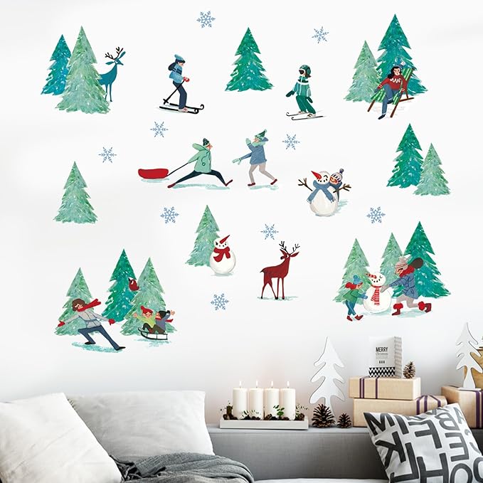 Mfault Winter Skiing Sports Wall Decals Stickers, Pine Tree Skier Snowman Reindeer Snowflake Decorations Bedroom Art, Christmas Seasonal Home Living Room Kitchen Decor