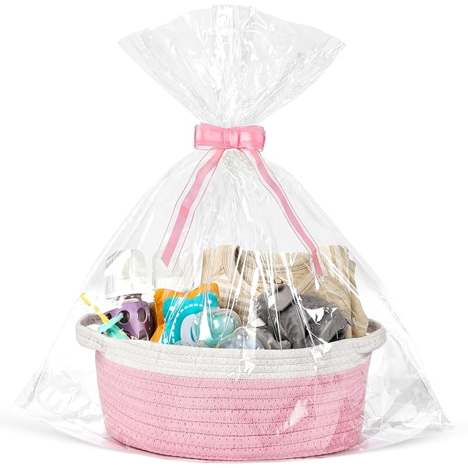 LANDNEOO Small Woven Basket with Gift Bags and Ribbons, Empty Decorative Gift Chest Box, Cute Baby Gift Basket for Nursery, Cotton Rope Room Shelf Storage Basket with Handles, 12"x 8"x 5", Pink