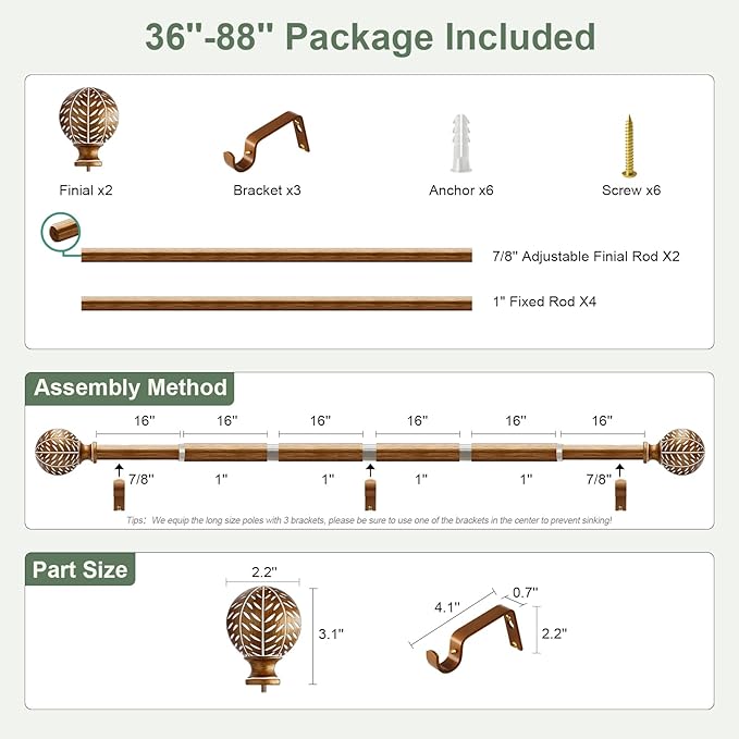 Gold Curtain Rods for Windows 48 to 84 Inch,1'' Diameter Drapery Rods with Imitation Wood Grain Leaf Pattern Finials,Boho Adjustable Heavy Duty Curtain Rods Set,36-88'',Antique-Gold Wood