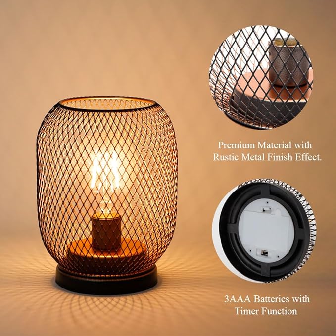 TRIROCKS Set of 4 Battery Operated Lamp LED Table Lantern, Metal Cage Cordless Lamps with LED Bulb，Vintage Decorative Outdoor Lantern for Weddings, Parties, Patio, Events for Indoors Shelf Decor