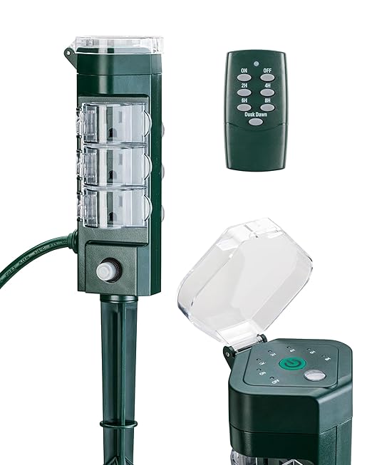 HBN Outdoor Power Strip Timer with Photocell Remote Control,Yard Stake Countdown (2,4,6,8 Hour),Weatherproof Outside Timer Dusk to Dawn for Halloween/Christmas Lights,6 Outlets,6ft Cord