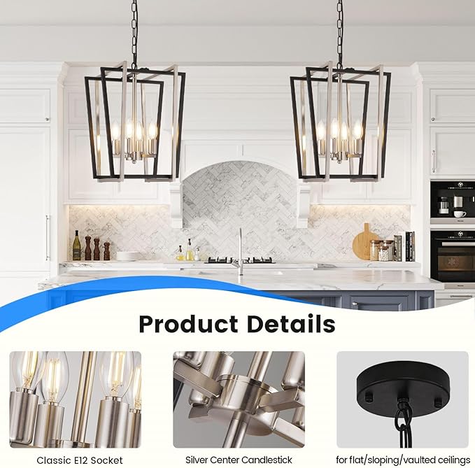 WJShome 4-Light Modern Chandelier, Farmhouse Dining Room Light Fixture Hanging Pendant Lights Kitchen Island, Black and Silver Lantern Pendant Light, Adjustable Height Entryway Chandeliers