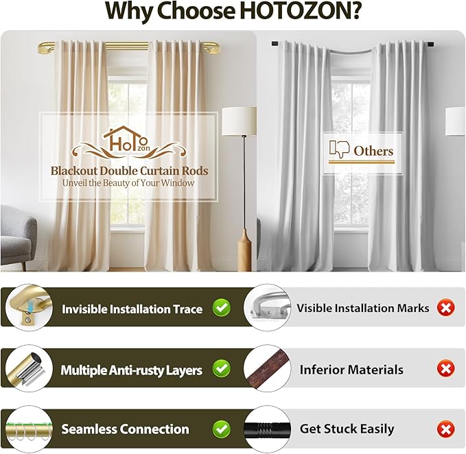 Double Curtain Rods 48 to 84 Inches, HOTOZON Blackout Double Curtain Rods for Windows 36 to 80 Inches (3-6.6 ft), 6/8 Inches Wrap Around Room Darkening Telescoping Drapery Rod, Gold