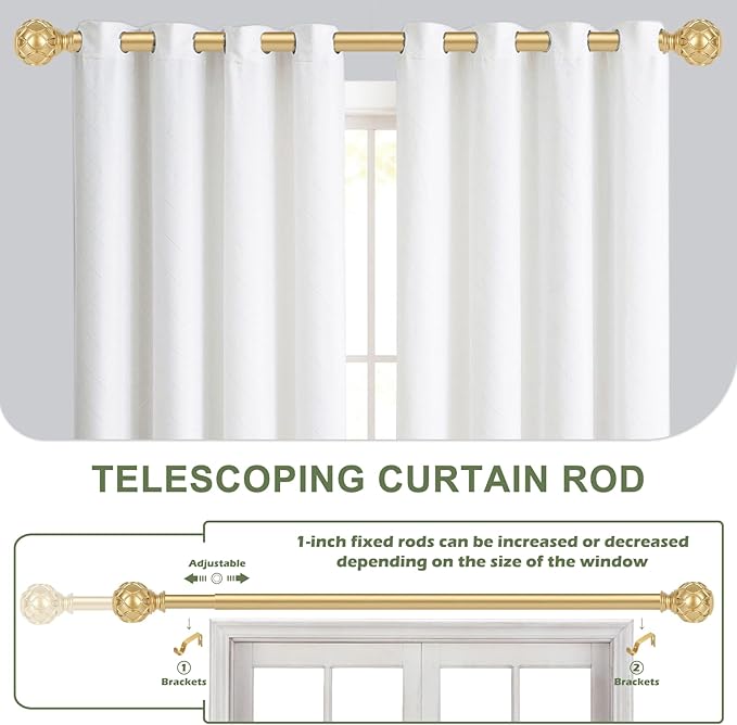 Gold Curtain Rods for Windows:Farmhouse Boho Decorative Curtain Rod for Bedroom Living Room,Heavy Duty Adjustable Rustic Drapery Rods Set with Vintage Coastal Texture Finials,Brass Gold 18-45"