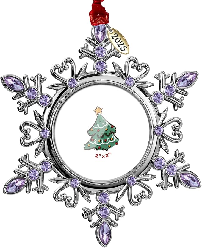 2025 Snowflake Picture Frame Christmas Ornaments 2" Metal Hanging Pendant for Tree Small Decorative Keepsake, Display Photo for Baby and Pet (Purple (2025))