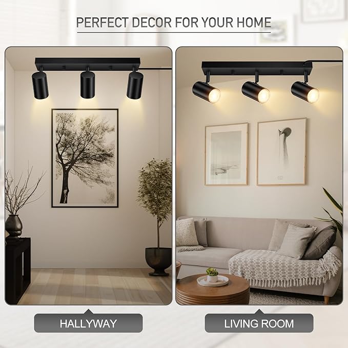 BoostArea LED Track Lighting Ceiling Fixtures, Black 3-Light Plug in Track Lights for Kitchen, 3 Way Ceiling Spotlight, 15 FT Cord,Flexibly Rotatable Wall Mount Light Head for Bedroom Hallway