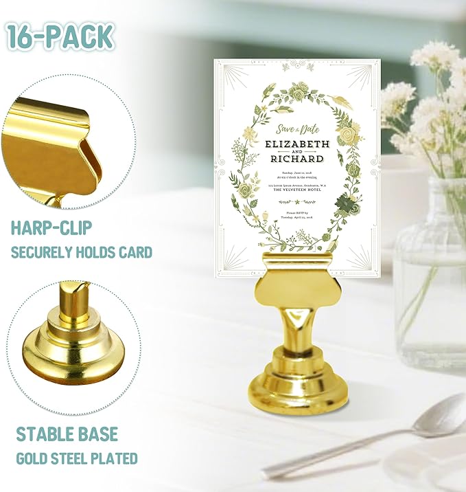 ERYTLLY 36 PK Place Card Holders 1.7 inches Table Card Holder Steel Card Holders for Weddings,Birthdays,Photos, Memo Notes, Restaurants (Gold 36PK)