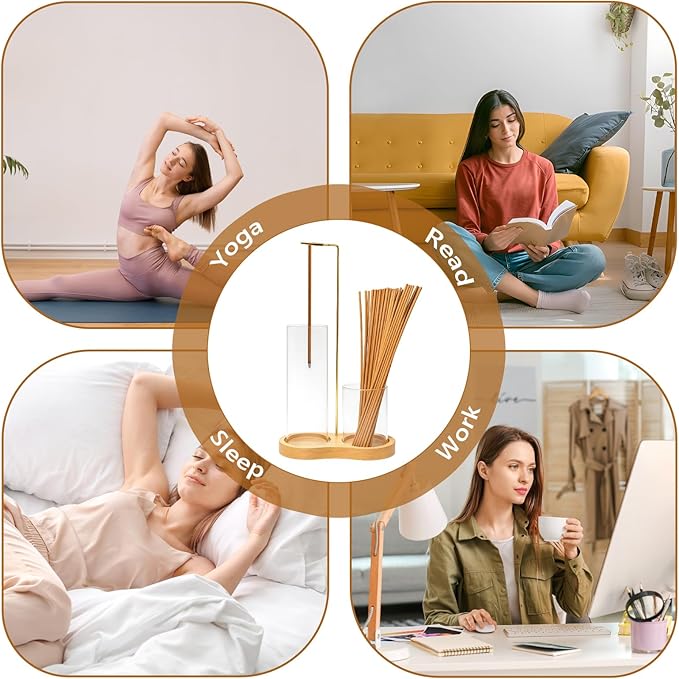 Glass Incense Holder, 2 in 1 Incense Holder for Sticks, Anti-Ash Flying Incense Burne with Ash Catcher Incense Sticks Organizer Wood Glass Incenses Stick Holder for Meditation Yoga Home Decor
