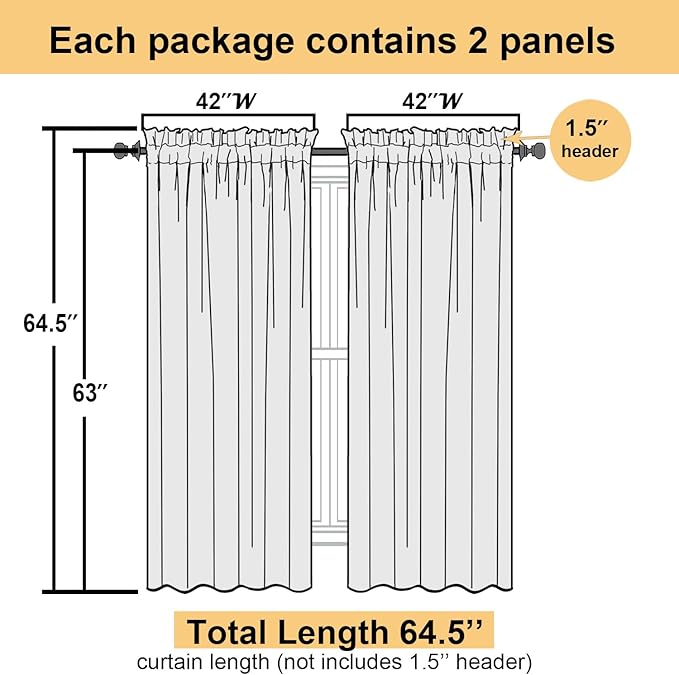 Lecloud Sheer Curtains 63 Inch Length 2 Panels Set, Natural Linen Blend Textured Curtains for Bedroom/Living Room, Farmhouse Window Curtain Drapes with Dual Rod Pocket, Each Panel 42" W x 63" L