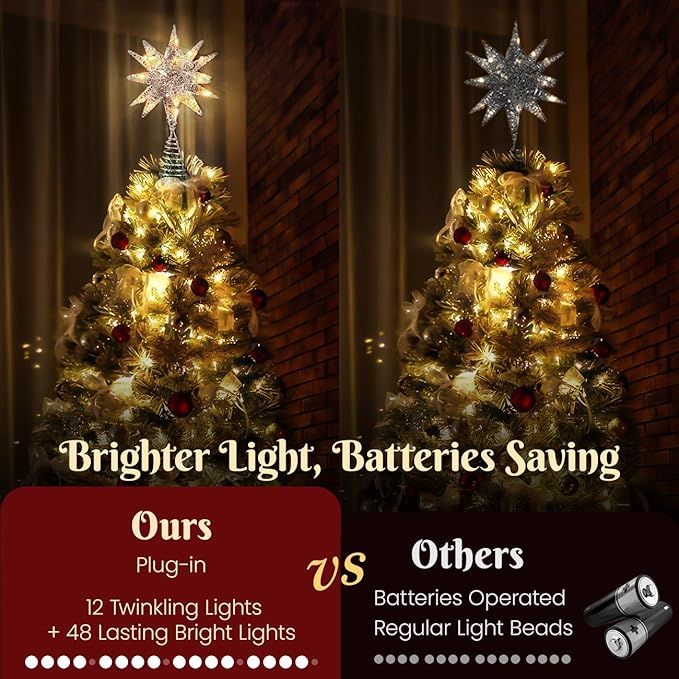 Luxspire Christmas Tree Topper, 3D Starburst Lighted Tree Topper, Plug in Christmas Star with Timer, Light Up Xmas Vintage/Modern Decorations for Holiday, Silver