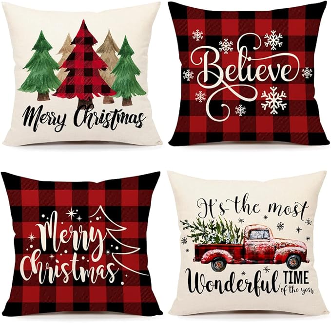 4TH Emotion Buffalo Check Christmas Pillow Covers 18x18 Set of 4 Red Black Farmhouse Christmas Decorations Winter Holiday Decor Throw Cushion Case for Home Couch S22C38