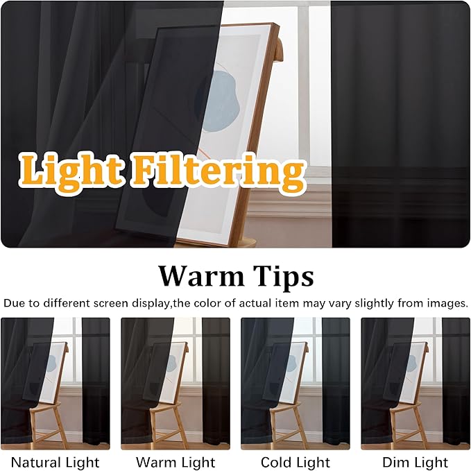 Gwine Black Sheer Curtain Tiers 24 Inch Length, Light Filtering Voile Short Curtain for Living Room Bedroom, Rod Pocket Cafe Curtains for Small Windows 42x24 Inch, 2PCS