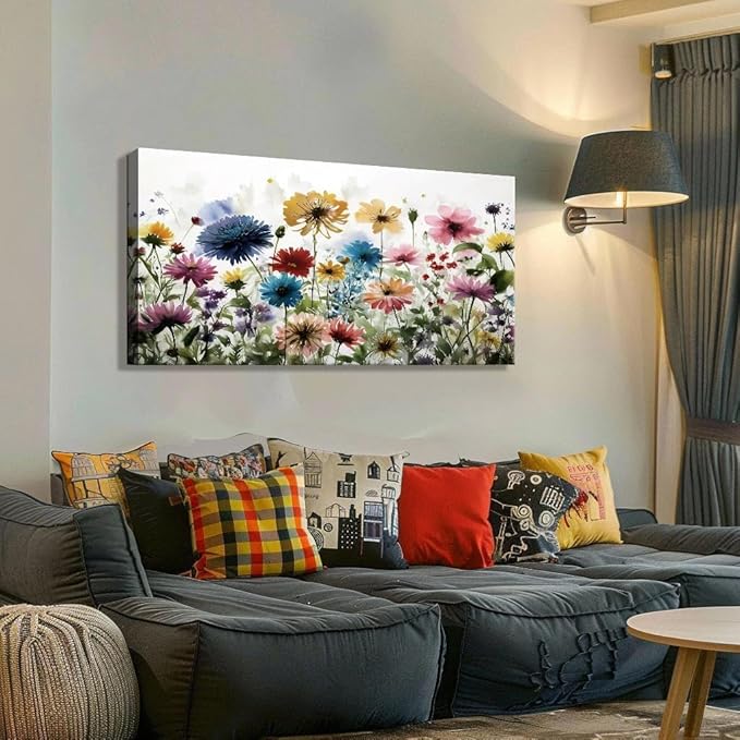 KZKU Flower Wall Art Canvas Prints Home Decor for Living Room Dining Room Bedroom Office Bathroom Multi-colored Watercolor wildflowers Pictures Wall Decor 20" x 40" Artwork