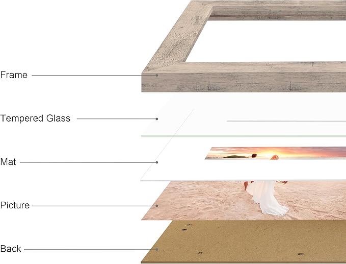 iRahmen 11x14 Picture Frame Set of 4 with Tempered Glass, Smoke Gray Frame Display 8x10 Pictures with Mat or 11 x 14 Without Mat, Wood Rustic Photo Frames for Horizontal or Vertical Wall Mounting