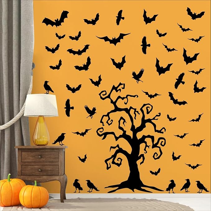 Giant Halloween Window Decals Bats Stickers Halloween Tree Window Stickers Halloweens Wall Decor Decals Peel and Stick Black Crow Branch Vinyl Sticker for Haunted House Party Supplies Windows Decor