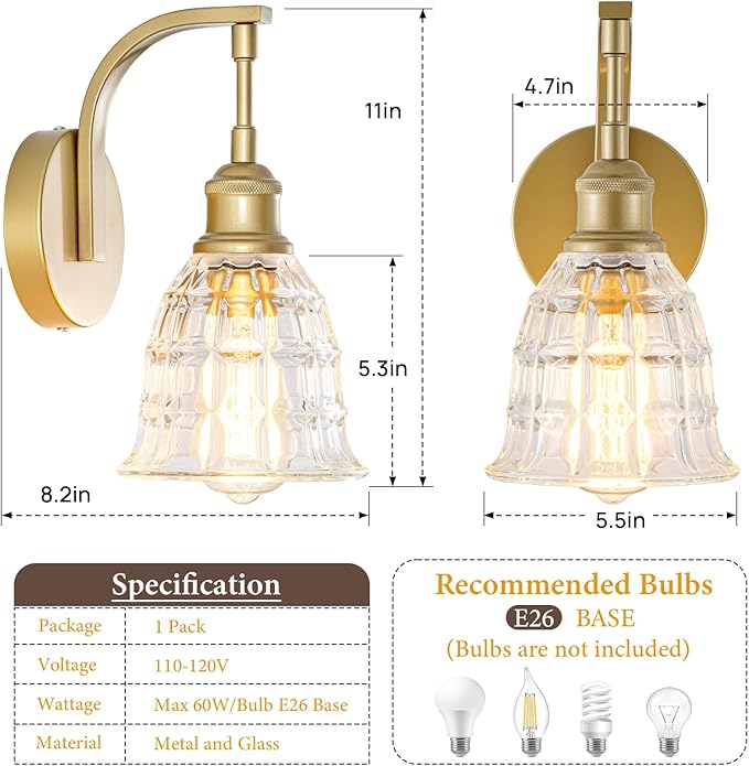 Gold Wall Sconces, Modern Brushed Golld Sconce Wall Lighting, Vintage Glass Light Fixtures, Indoor Wall Lamps for Bathroom Vanity Mirror Living Room Bedroom Kitchen Hallway Stairway E26 Hardwire