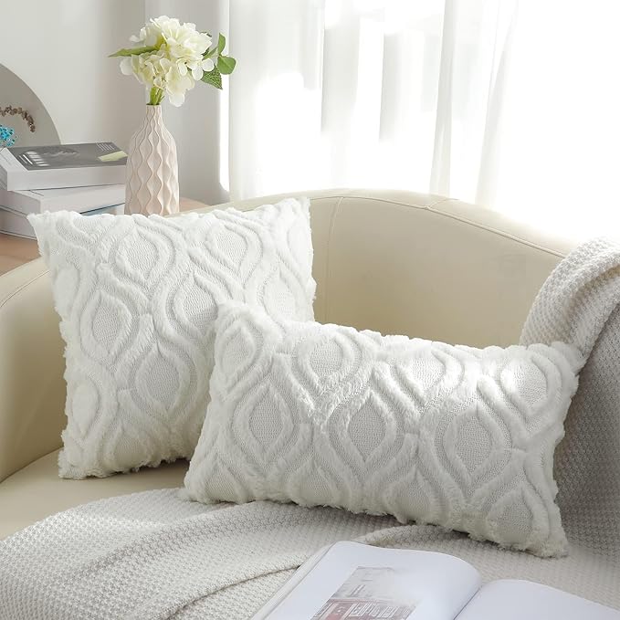 decorUhome Throw Pillow Covers 26x26 Inch Set of 2, Soft Plush Decorative Faux Fur Cream White Solid Couch Pillow Covers, Accent Farmhouse Neutral Square Euro Pillow Cases for Sofa Bed Living Room