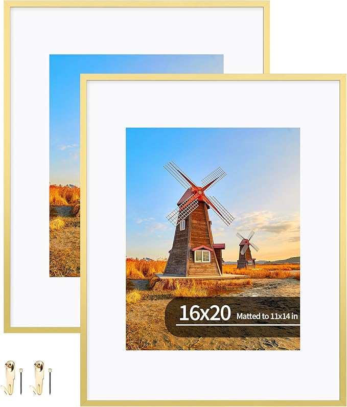16x20 Metal Frames Set of 2, 16 x 20 Aluminum Photo Frames with 11x14 Mat - Sawtooth Hangers, Spring Clips for Wall Mounting Horizontal and Vertical(Gold)
