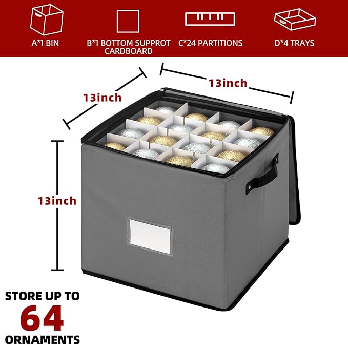 inin Christmas Ornament Storage Box with Adjustable Dividers,Christmas Ornaments Organizer with Zippered Top,Storage Container Bin for Holiday Decorations(64 Ball, Gray, with Tray)