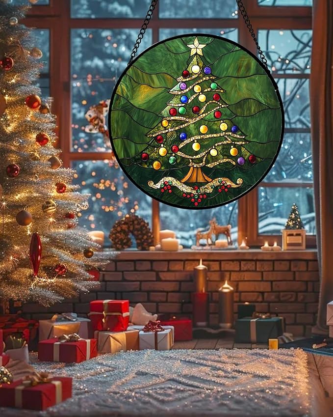 Stained Glass Window Hanging - Green Christmas Tree with Colorful Lights Suncatcher for Doors Home Christmas Decoration Sun Catcher Thanksgiving New Year Birthday Gifts for Women Men Mom Nana 15 in