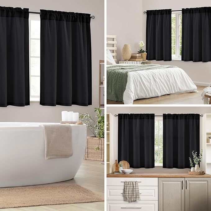 HOMEIDEAS Halloween Non-See-Through Black Privacy Semi Sheer Curtains 45 Inches Long 2 Panels Set Light Filtering Curtains for Living Room Bedroom Drapes,W52xL45