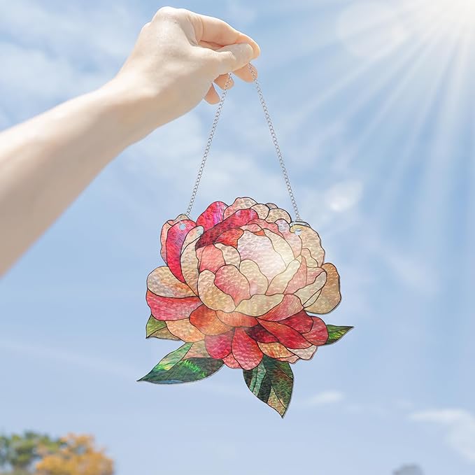 FLAGWIX Christmas Peony Flowers Gifts for Grandma - Stained Glass Window Hanging 10 in - Birthday Gifts for Women Mom, Grandma Gift, Peony Sun Catchers Indoor Window, Suncatchers Christmas Decorations