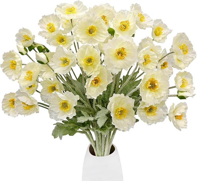 12PCS Poppy Flowers Artificial 23" Real Touch Stems Faux Poppies Silk Flowers for Home Decor Indoor (White)