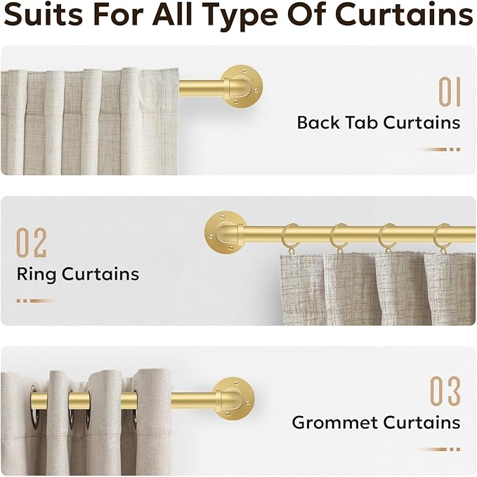 Zeerobee Curtain Rods for Windows 32 to 72, 1 Inch Industrial Wrap Around Curtain Rod, Indoor/Outdoor Room Divider Adjustable Drapery Pole, 32"-72", Gold