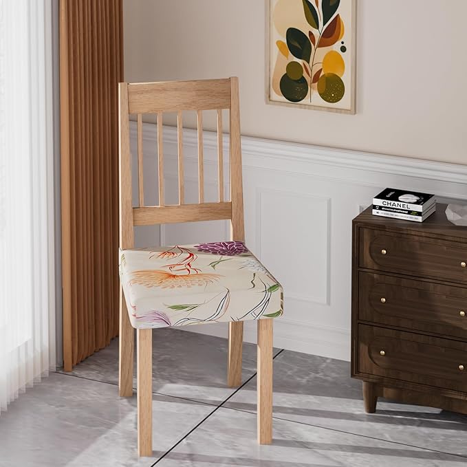 Stretch Dining Chair Seat Covers Set of 6,Dining Chair Slipcovers, Floral Printed Chair Covers,Soft Fabric Washable Upholstered Chair Seat Protector, No Rear Covers for Home Kitchen Dining Room