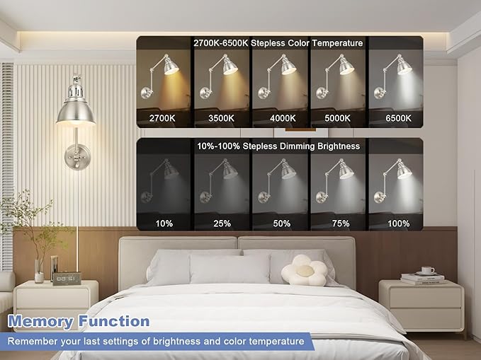 2 Pack Plug in Wall Sconces with Remote, Dimmable, Adjustable Colors, Swing Arm Wall Lamps, Wall Sconces Set of Two with Timer & Night Light, Plug-in or Hardwired (Brushed Nickel, With Bulbs+Remote)