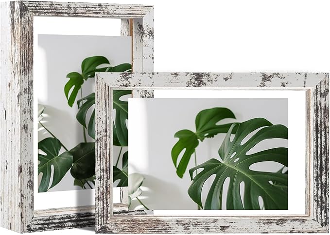 Egofine Distressed White 4x6 Floating Frames Set of 2, Double Plexiglass Picture Frame, Made of Solid Wood Display Any Size Photo up to 4x6, Wall Mount or Tabletop Standing