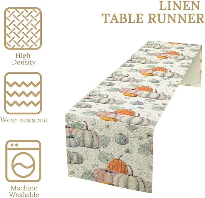 Fall Pumpkin Table Runner Vintage Leaves Plant Motifs Thanksgiving Theme Watercolor Illustration Home Decor for Farmhouse Indoor Outdoor Party Holiday Dining Kitchen Restaurant Cafe W13xL108in