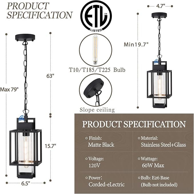 Outdoor Pendant Light, 16" Dusk to Dawn Exterior Chandelier Porch Hanging Light with Clear Glass, Modern Black Outdoor Hanging Lantern for Porchs Gazebo, OS-KY1006