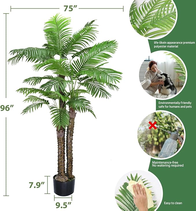 ROOMTEC Artificial Phoenix Palm Tree,8FT Pre Potted Faux Greenery Plant, Outdoor Indoor Large Faux Coconut Silk Palm Plants Tropical Fake Tree for Outside Porch Patio Garden Home Office Decor