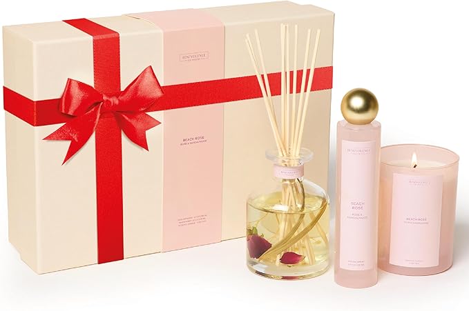 Benevolence LA Beach Rose Gift Box | Candle, Room Spray & Reed Diffuser | Rose & Sandalwood | Elegant Home Fragrance | Ready for Gifting Set | Thanksgiving Gifts for Women