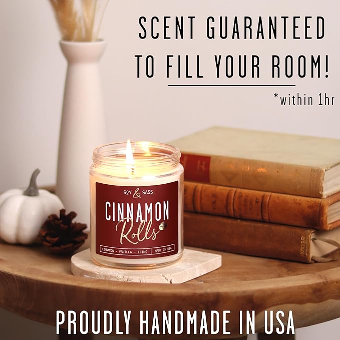 Cinnamon Candle, Fall Candles, Christmas Candles - 'Cinnamon Rolls' Autumn Scented Soy Candle for Home, 9oz Reusable Jar, 50Hr Burn, Made in USA