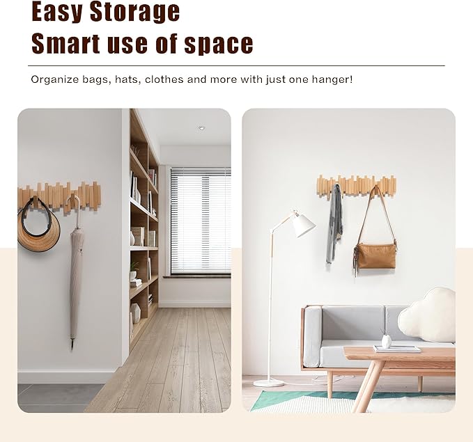 Wooden Coat Rack Wall Mounted Sticks Multi Rack Solid Handmade Natural Beech Wood Artwork with 5 Flip-Down Unique Modern Hooks for Coats Bag Hat Umbrella