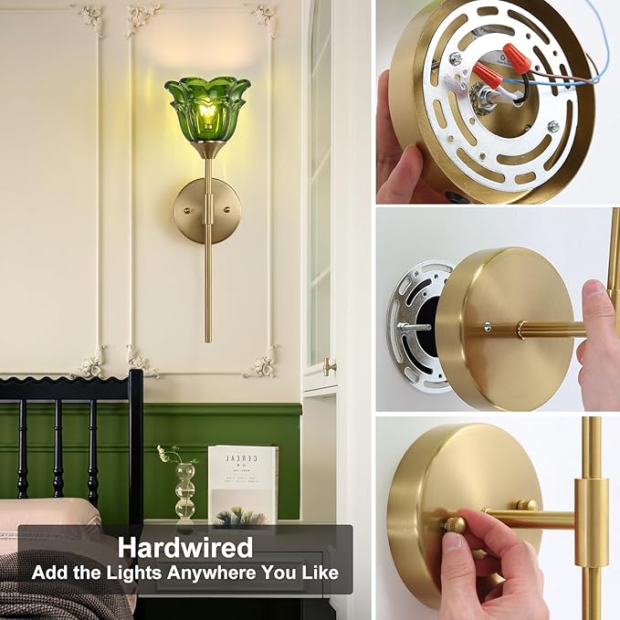 2 Pack Gold Wall Sconce with Green Glass Shades, Modern Mid Century Bathroom Vanity Wall Light Fixtures, Industrial Brushed Brass Wall Lamp, for Bedroom Mirror Living Room, ETL Listed