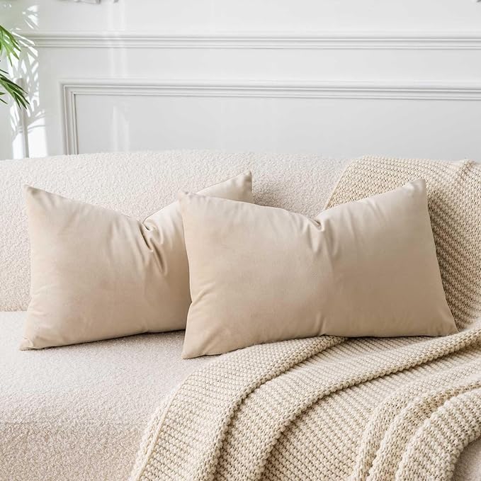 JUSPURBET Decorative Pillow Covers Set of 2 Velvet Throw Pillow Covers for Couch Sofa Bed Soft Lumbar Cushion Covers with Hidden Zipper for Living Room Home Decor,Khaki,14x24 inch