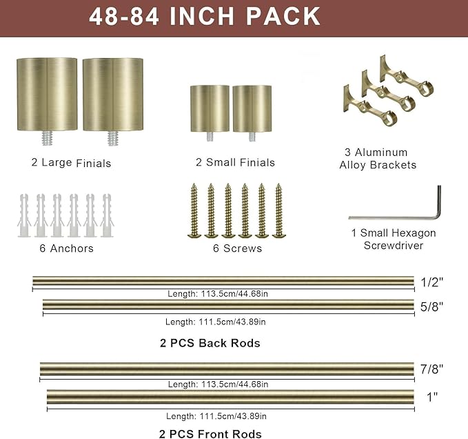 Double Curtain Rods 48-84", Decorative Double Drapery Rods with Cap Finials, Heavy Duty 1 Inch Front and 5/8 Inch Back Telescoping Dual Curtain Rod, Antique Bronze
