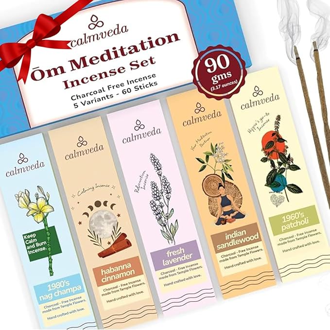 Ōm Meditation Incense Sticks - (5 Variants, 60 Insenses) Charcoal Free Inscents-Sticks | Nag Champa, 60s Patchouli Incense, Lavender Incense, Cinnamon & Sandalwood Incense, Perfect Care Gift