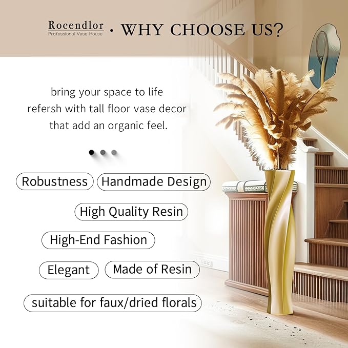 Tall Vases - 23.6" Tall Floor Vase for Home Decor, Floor Vases, Black Hexagon Twist Floor Vase, Fits Into Hay/Pampas Grass, Living Room, Office, Wedding Decor (Resin Gold)