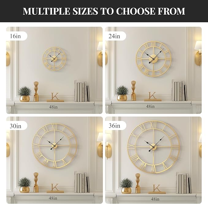 Cuspin Gold Wall Clock 16 Inch Metal Decorative Clock for Living Room, Battery-Operated Completely Silent Non Ticking Round Modern Wall Clock -Roman Number