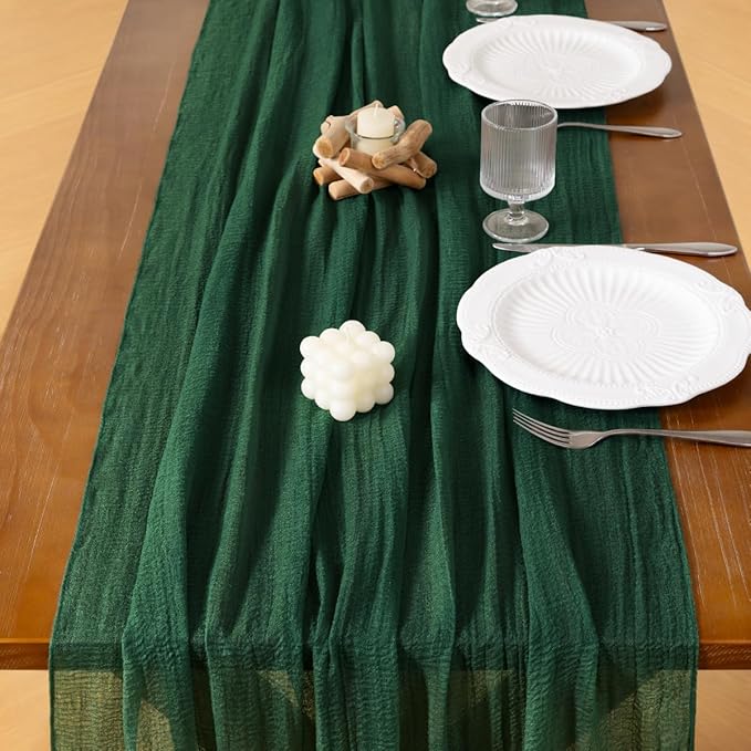 Socomi Emerald Green Valentine's Day Cheesecloth Table Runner Gauze 120 Inch Rustic Boho Cheese Cloth Runner for Wedding Party Baby Bridal Shower Centerpiece Decoration Holiday Home Decorations