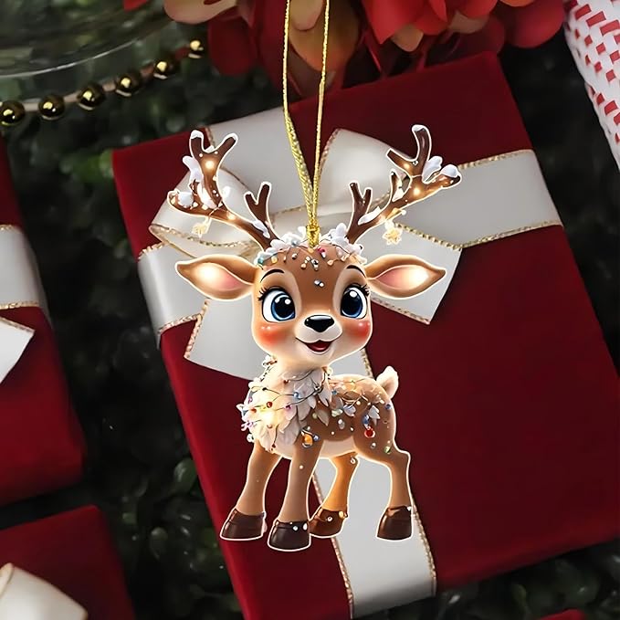 2 PCS Cute Elk Acrylic Christmas Hanging Ornaments - Transparent Flat Pendant with Hanging Ropes for Christmas Tree, Car Rearview Mirror, Home Indoor Outdoor Party Decor