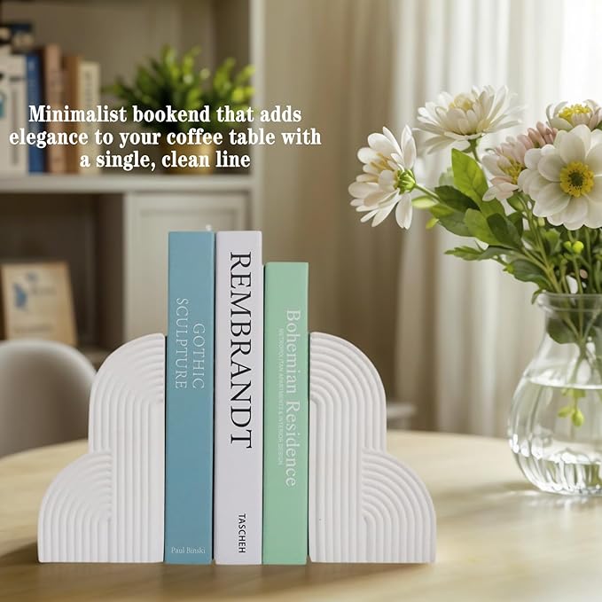 Decorative Book Ends for Heavy Books - Concrete Clound Aesthetic Bookends - Set of 2 Boho Book Stopper for Modern Home Office Bookshelf Decor (Concrete-White)