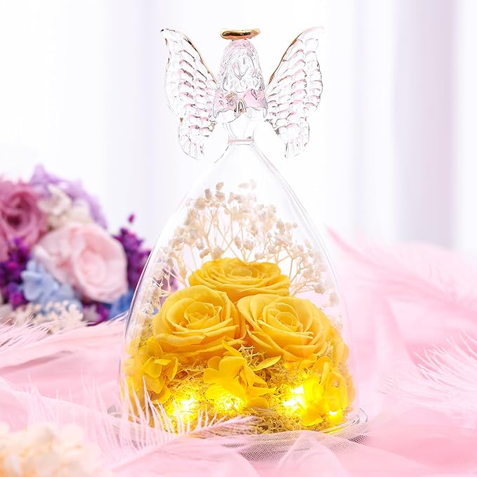 Christmas Rose Gifts for Women Preserved Real Flower in Glass Angel Figurines Roses for Delivery Prime Birthday Gifts for Mom Grandma Girlfriend Wife Her, Yellow