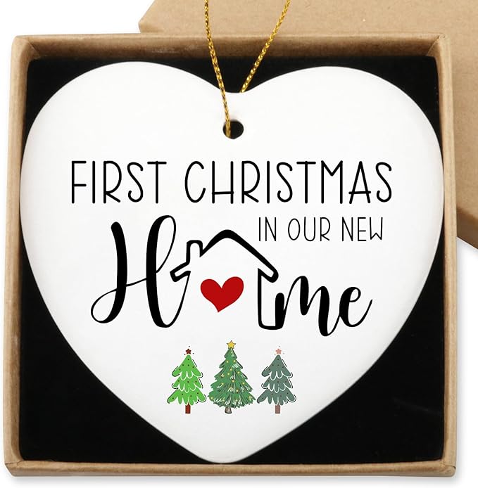 First Christmas in Our New Home Ceramic Heart Keepsake Hanging Ornament Housewarming Gifts New Home Hostess Gifts for Women Christmas Birthday Ornament for Couples Family